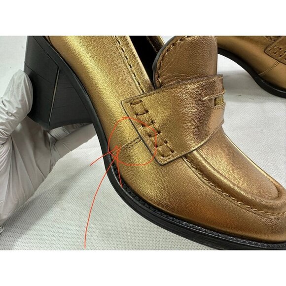 Veronica Beard Metallic Penny Loafer Block Heel Dark Gold Leather Womens 7 - Picture 3 of 9